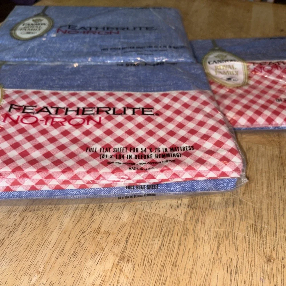 VTG Cannon Royal Family Featherlite Full Sheet Set Red Blue Gingham Check NEW
